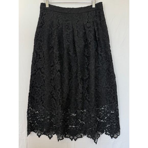 Garnet Hill Scalloped Lace Midi Skirt Womens Size 6 Pleated Black Whimsigoth - Picture 2 of 12